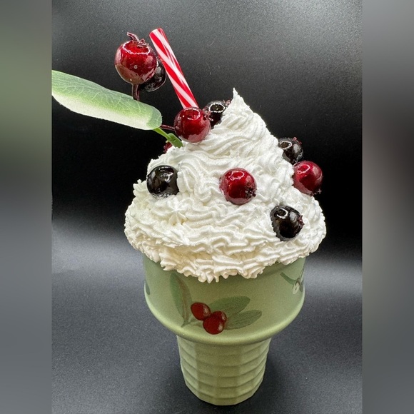 New OOAK Upcycled Faux Ceramic Green Ice Cream Cone - Picture 3 of 5